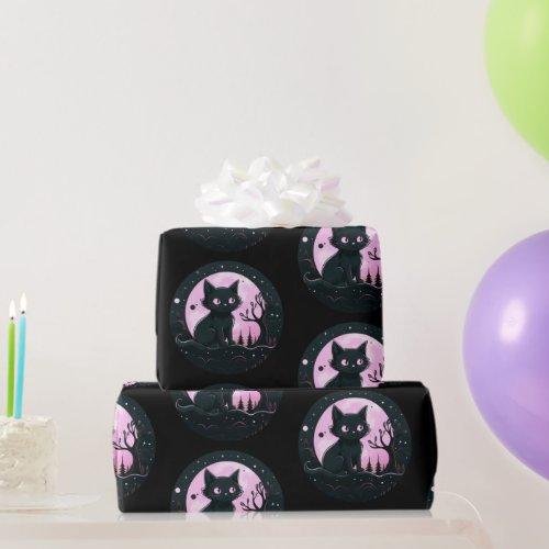 Black Cat Pink Full Moon Celestial Black Halloween Wrapping Paper