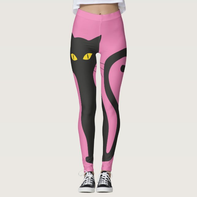 BLACK CAT & PINK leggings YOGA PANTS (Front)