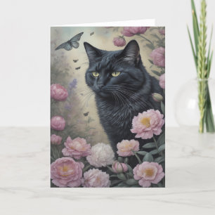 Black cat pink peonies flowers floral  letterpress thank you card