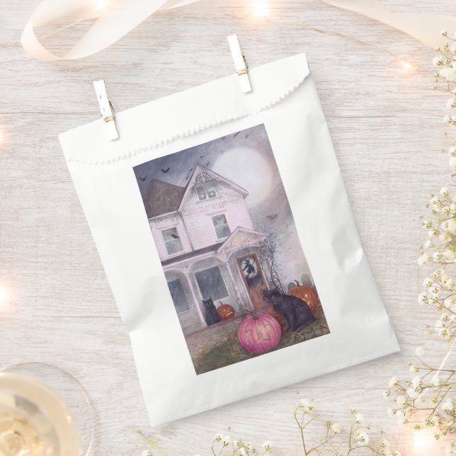 Black Cat Pink Pumpkin & Haunted House Halloween  Favor Bag (Clipped)