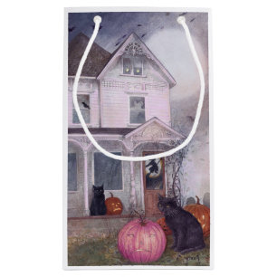 Black Cat Pink Pumpkin & Haunted House Halloween  Small Gift Bag