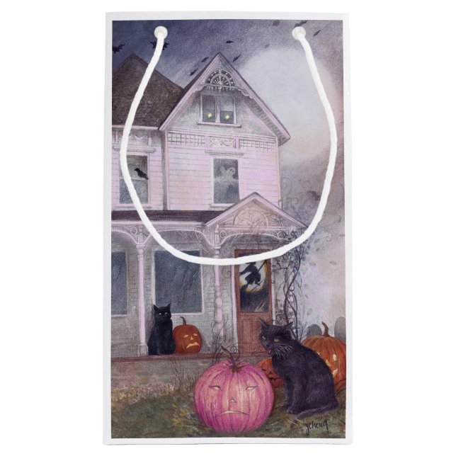 Black Cat Pink Pumpkin & Haunted House Halloween  Small Gift Bag (Back)