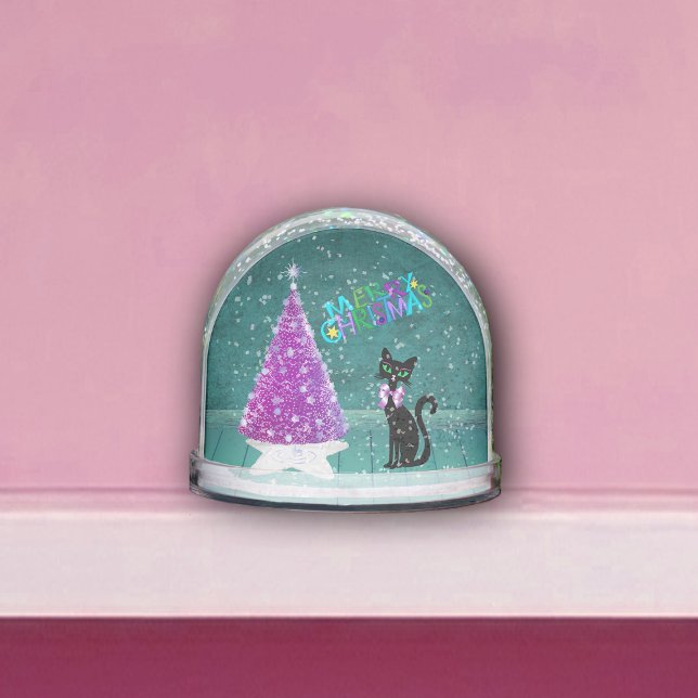 Black Cat Pink Sparkling Christmas Tree Teal Room Snow Globe (Pretty black cat pink silver sparkle tree Colourful Merry Christmas in teal room on snowglobe.)