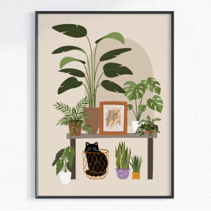 Black Cat Plant Lover Cozy Home Aesthetic Modern Poster