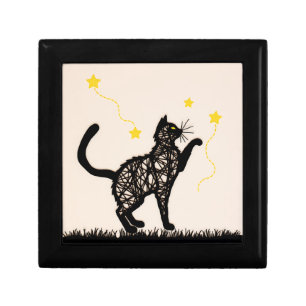 Black Cat Playful Stars Illustration Gift Box