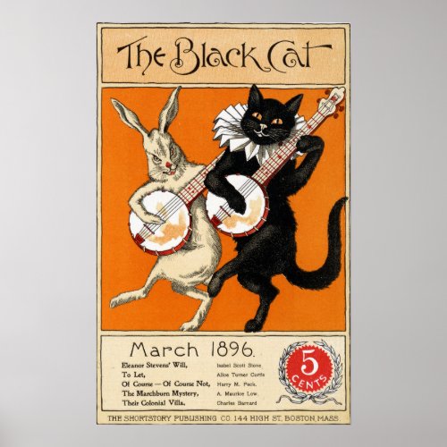 Black Cat Playing BajoVintage 1896 art poster