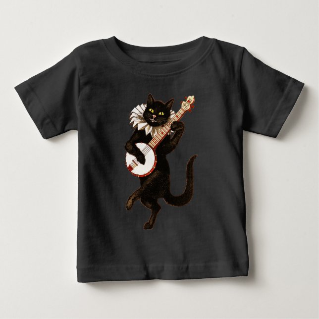 Black Cat Playing Banjo Baby T-Shirt (Front)