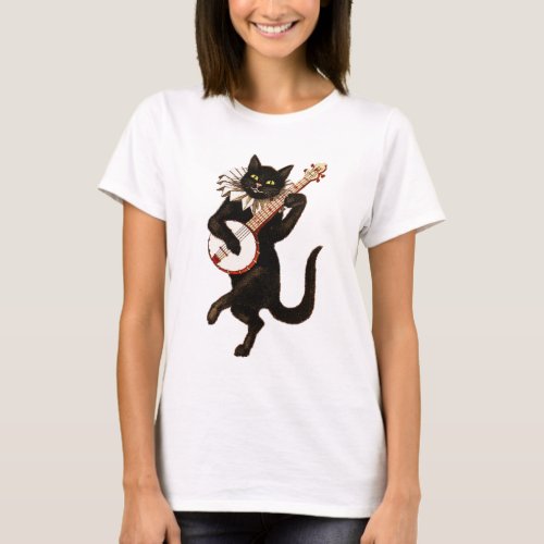 Renaissance Black Cat Playing Banjo T-Shirt