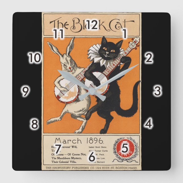 Black cat playing Banjo, Unknown artist Square Wall Clock (Front)