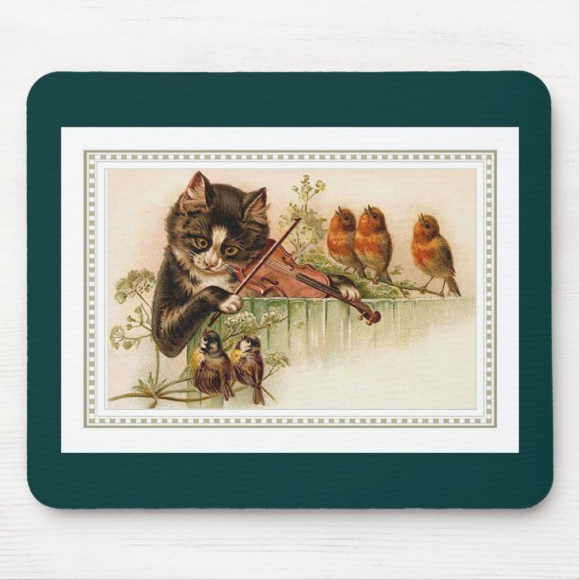 Black Cat Playing the Violin for Songbirds Mouse Pad (Front)