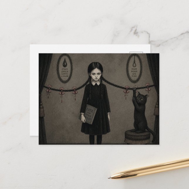 Black Cat Plays With Braids Dark Fantasy Postcard (Front/Back In Situ)