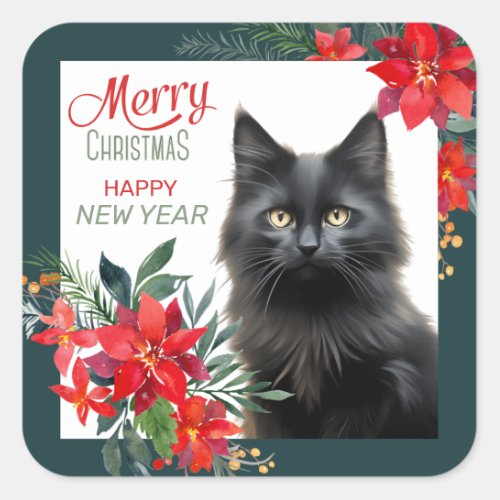 Black Cat Poinsettia Border Christmas Square Sticker