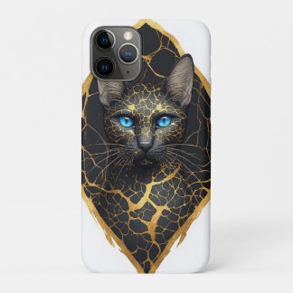 Black Cat Portrait With Blue Eyes And Gold Details iPhone 11 Pro Case