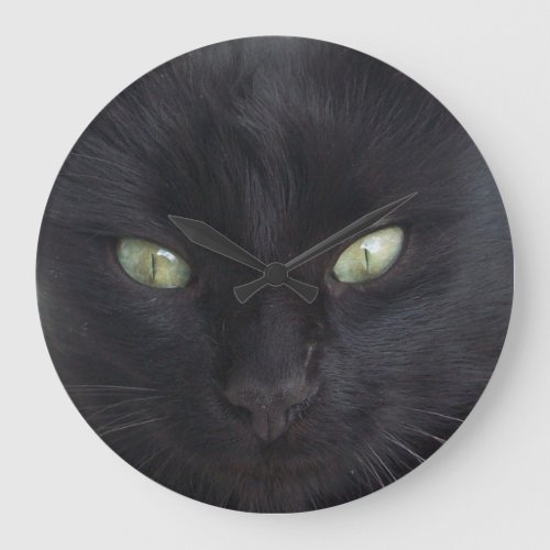 BLACK CAT PORTRAIT WITH EMERALD EYES LARGE CLOCK