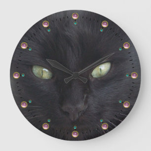 BLACK CAT PORTRAIT WITH EMERALD EYES,Pink Gemstone Large Clock