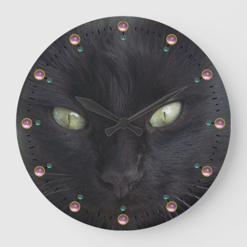 BLACK CAT PORTRAIT WITH EMERALD EYESPink Gemstone Large Clock