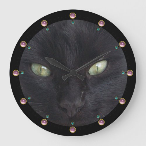 BLACK CAT PORTRAIT WITH EMERALD EYESPink Gemstone Large Clock