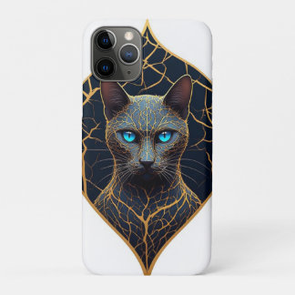 Black Cat Portrait With Gold Geometric Diamond Fra iPhone 11 Pro Case