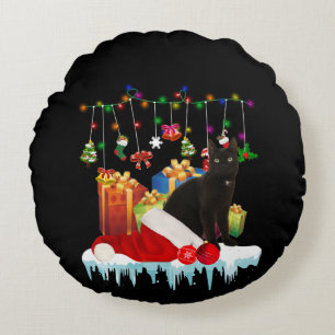 Black Cat Present Of My Christmas Round Pillow