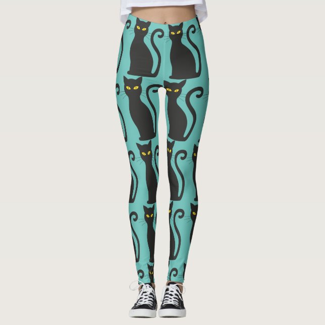 BLACK CAT PRINT BLUE YOGA PANTS (Front)