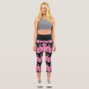 BLACK CAT PRINT PINK CAPRI YOGA PANTS LEGGINGS