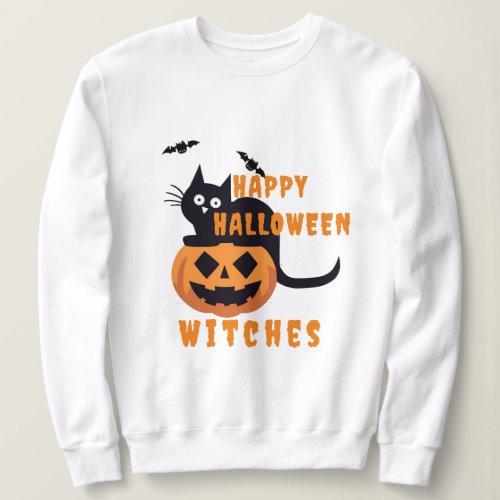 Black Cat Print Women Sweatshirt Casual Halloween Sweatshirt