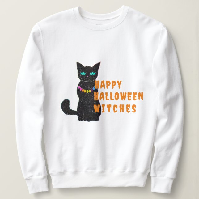 Black Cat Print Womens Sweatshirt, Halloween Party Sweatshirt (Design Front)