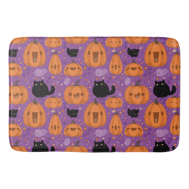 Black cat Pumpkin and Ghost Pattern Bathroom Mat (Front)