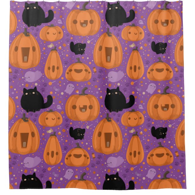 Black cat Pumpkin and Ghost Pattern Shower Curtain (Front)