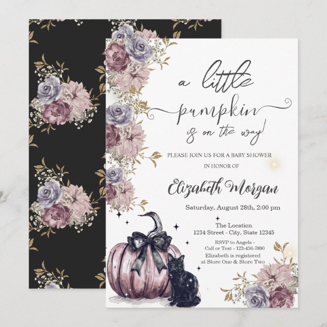 Black Cat Pumpkin Bow Flowers Baby Shower   Invitation (Front/Back)