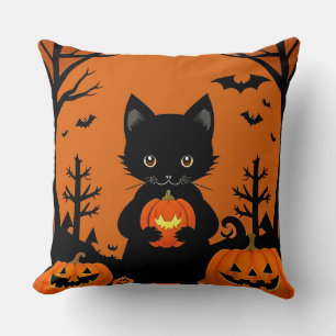 🐱🎃 Black Cat Pumpkin Cozy Halloween Night Charm Throw Pillow