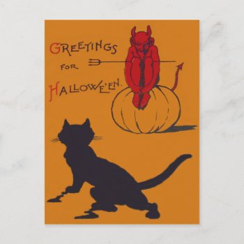 Black Cat Pumpkin Devil Demon Pitchfork Postcard by kinhinputainwelte at Zazzle