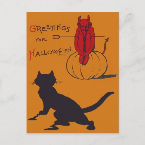 Black Cat Pumpkin Devil Demon Pitchfork Postcard