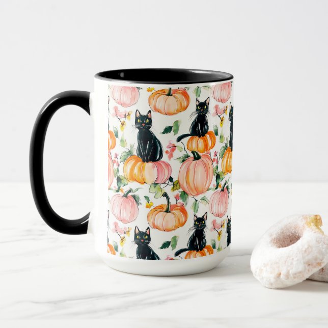 Black Cat & Pumpkin Fall Spooky Halloween Coffee  Mug (With Donut)