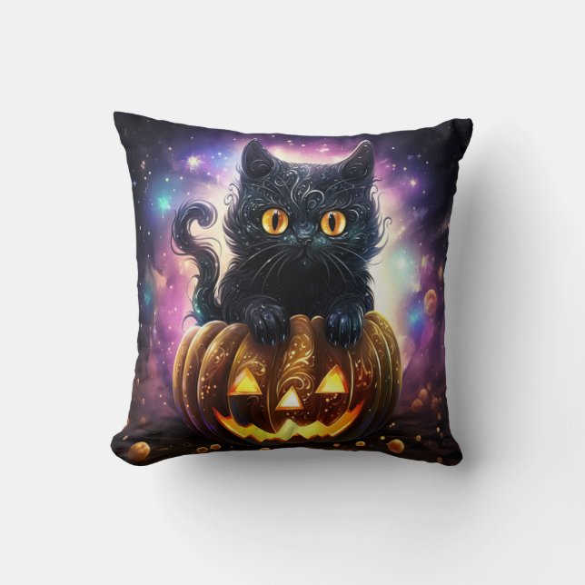 Black Cat Pumpkin Galaxy  Throw Pillow (Front)