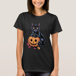 Black Cat Pumpkin Halloween Costume Retro Fall Aut T-Shirt