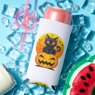 Black Cat Pumpkin Halloween Costume Seltzer Can Cooler