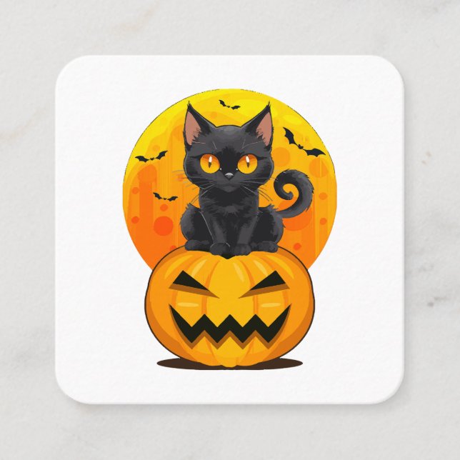 Black Cat Pumpkin Halloween Costume Square Business Card (Front)