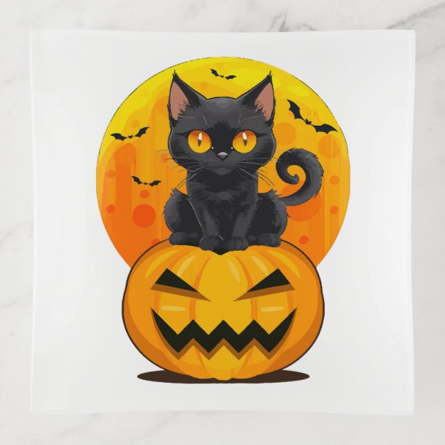 Black Cat Pumpkin Halloween Costume  Trinket Tray (Front)