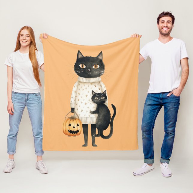 Black Cat & Pumpkin Halloween fleece Blanket  (In Situ)