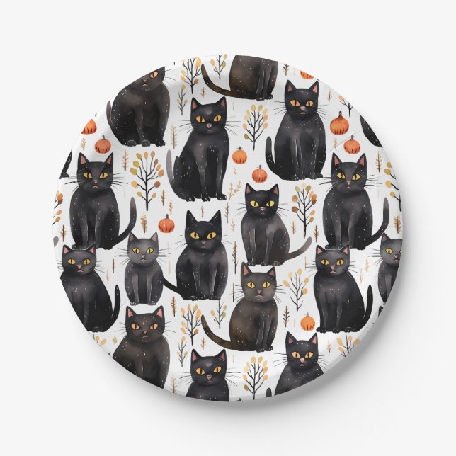Black Cat Pumpkin Halloween Paper Plates (Front)