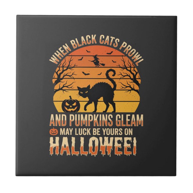 Black Cat Pumpkin Halloween Vector Design Ceramic Tile (Front)