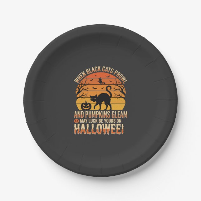 Black Cat Pumpkin Halloween Vector Design Paper Plates (Front)