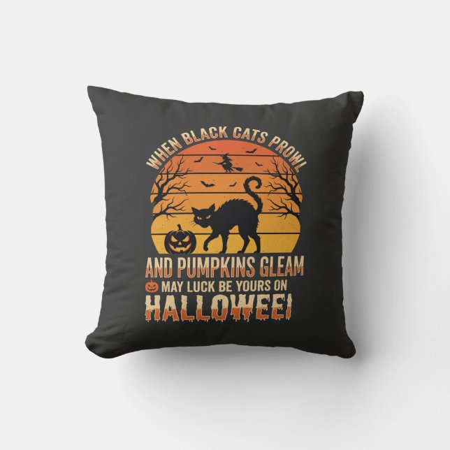 Black Cat Pumpkin Halloween Vector Design Throw Pillow (Front)