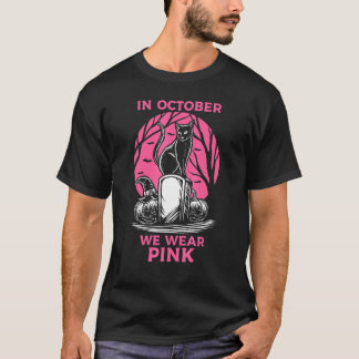 Black Cat Pumpkin In October We Wear Pink Hallowee T-Shirt