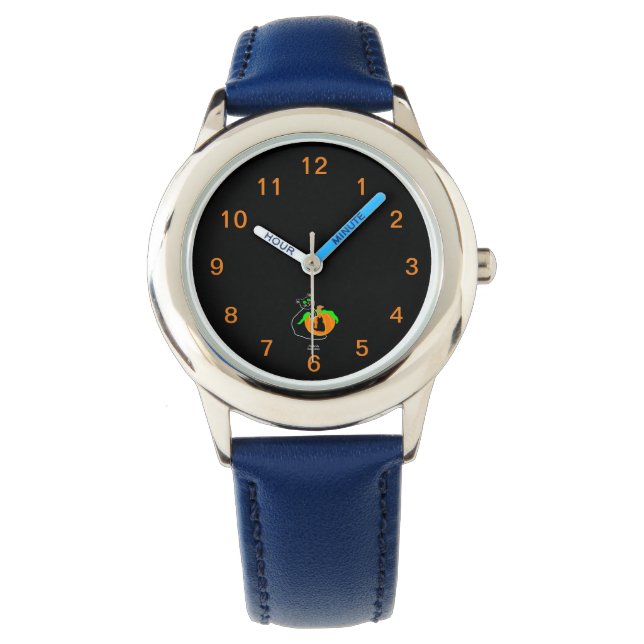 Black Cat Pumpkin Kid's Blue Leather Strap Watch (Front)