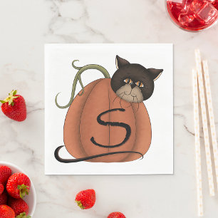 Black Cat Pumpkin Letter S Halloween Napkins