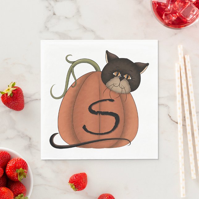 Black Cat Pumpkin Letter S Halloween Napkins (Creator Uploaded)