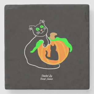 Black Cat Pumpkin Marble Stone Coaster