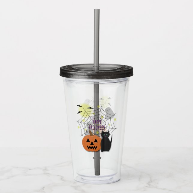Black Cat & Pumpkin Not Scary Halloween Acrylic Tumbler (Front)